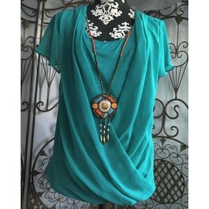 IN Studio‎ Petite Teal Draped Surplice Top with Statement Necklace PL 5451646